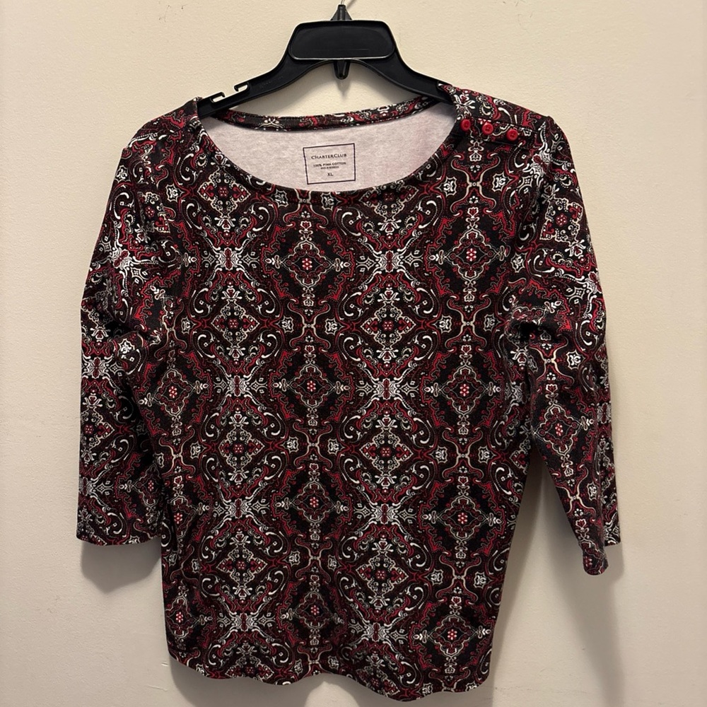 Charming Charlie Burgundy and Black Paisley Top 3/4 sleeve nice with jeans - Picture 4 of 6